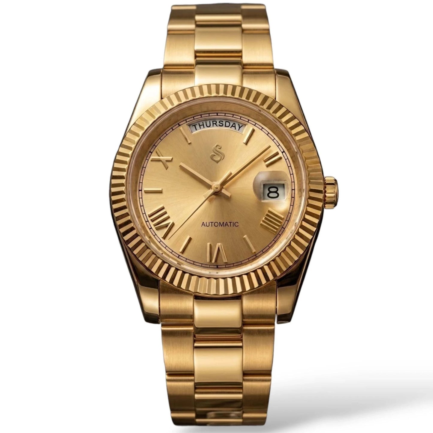 Seiko  Mod Daydate Homage watch with gold Roman numerals, day and date display, and sapphire crystal dial by Modtime Creations 