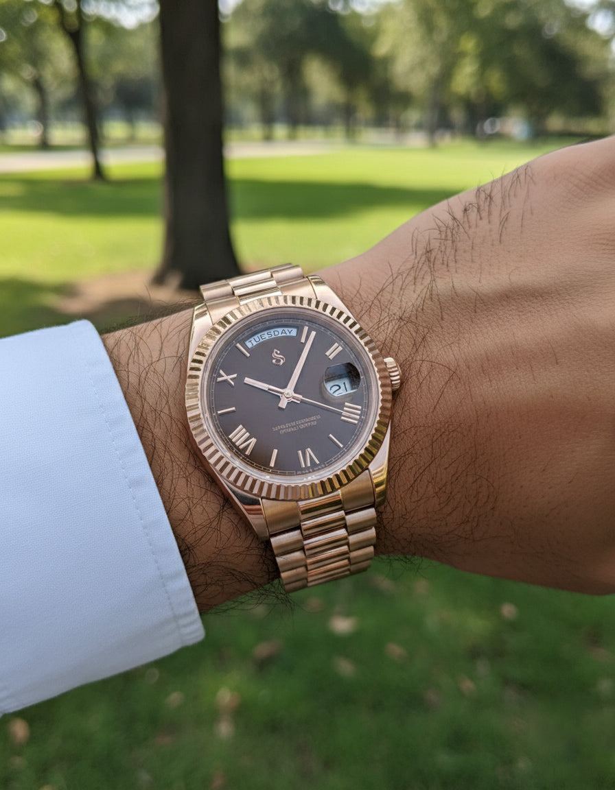 Modded Seiko luxury watch with chocolate Roman numeral dial and day-date display by Modtime Creations