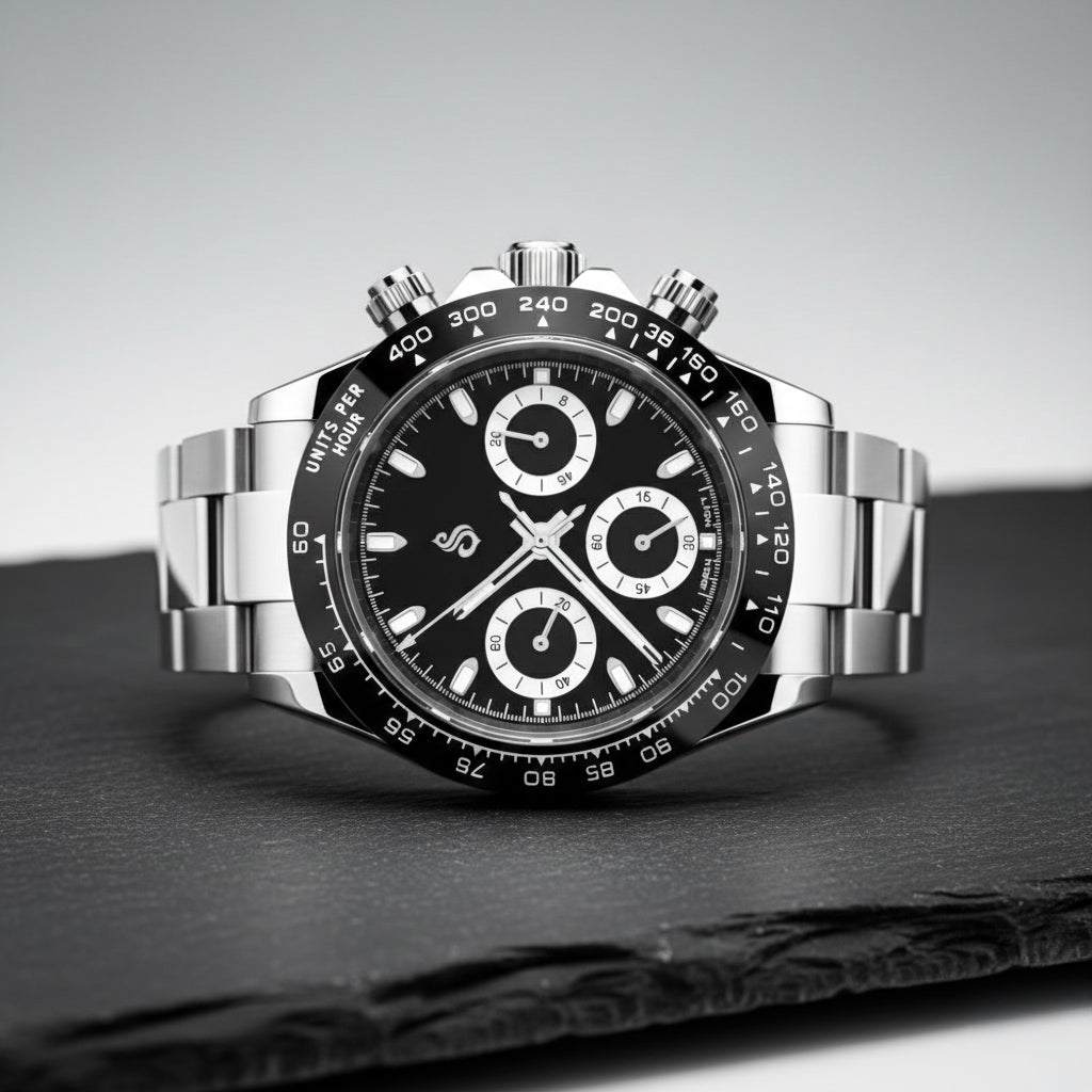 Seitona Black Panda Seiko Mod chronograph watch with stainless steel case and black-white dial