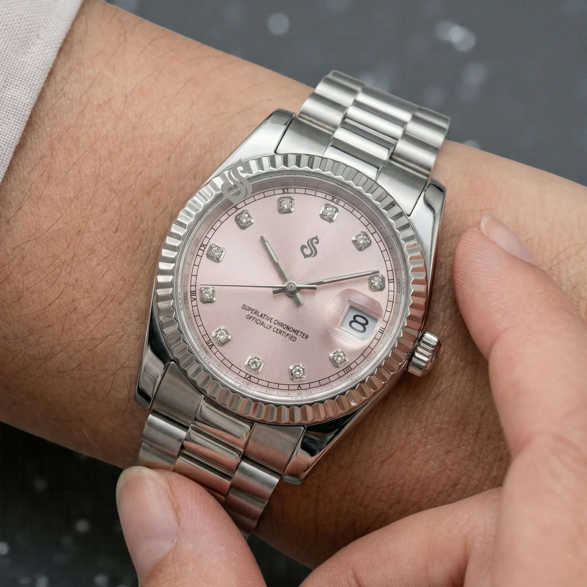 SeikJust Date Window pink gem dial Seiko Mod watch by Modtime with NH35 automatic movement and sapphire crystal