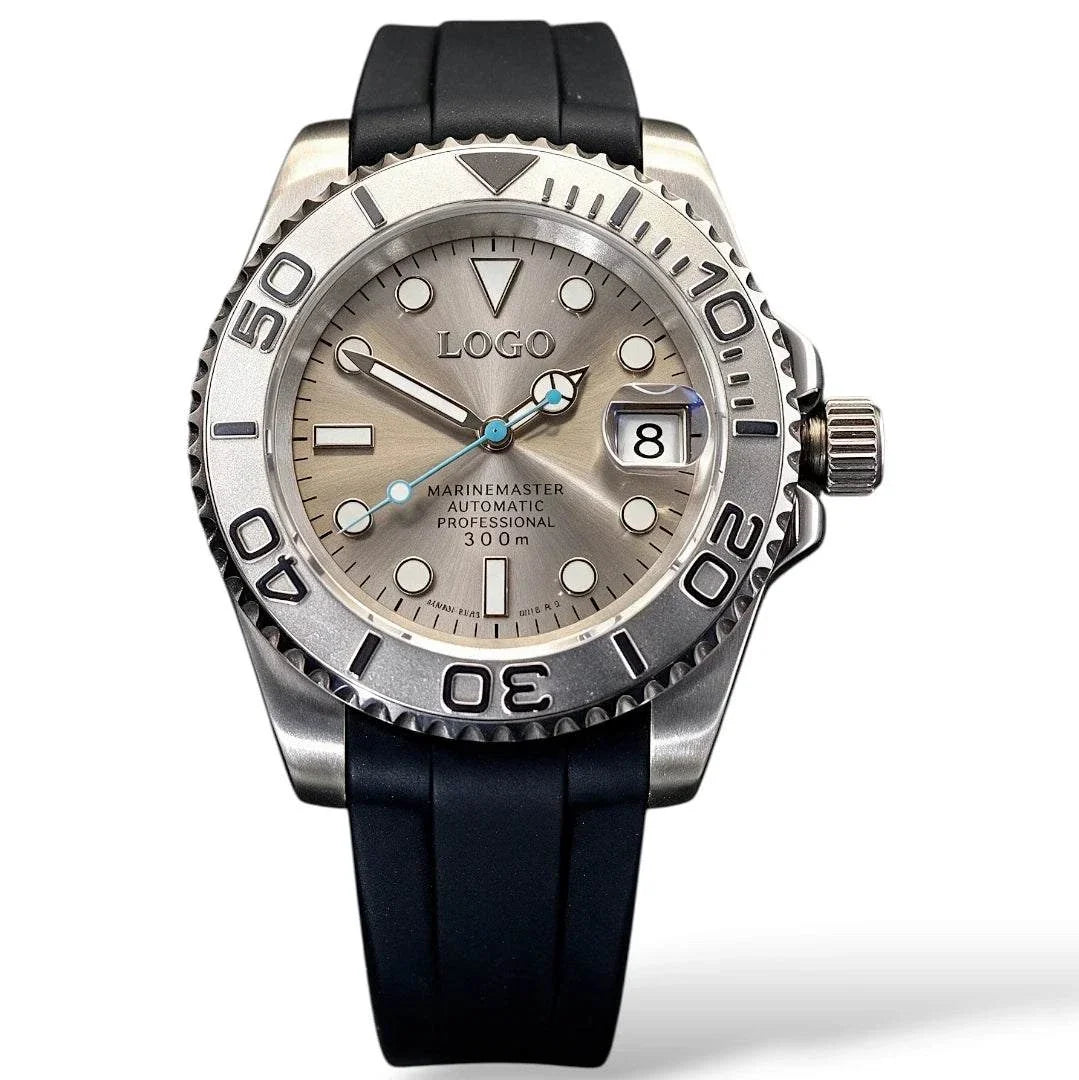 Modded Seiko Yachtmaster Rhodium luxury diver watch with sapphire crystal and stainless steel case