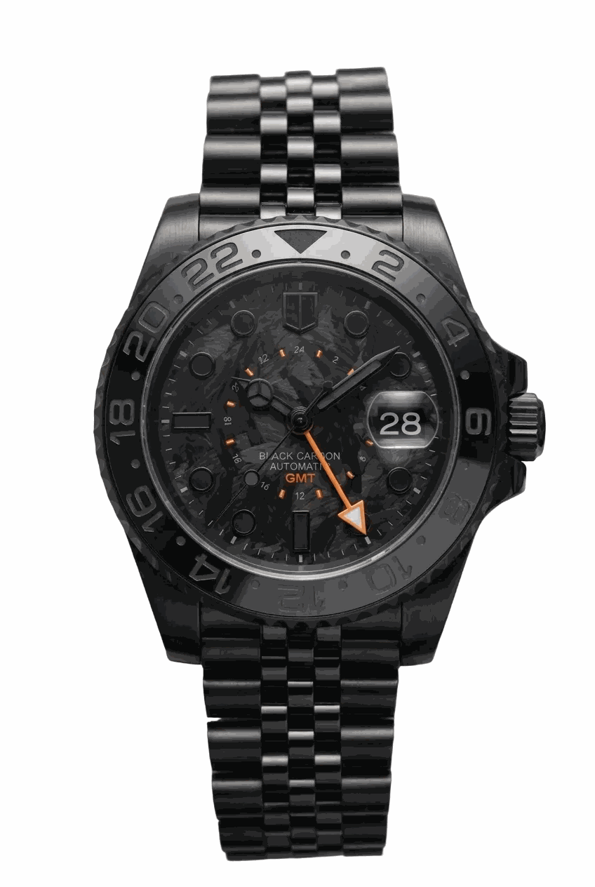 Seiko Mod Submariner GMT Carbon Fiber Stealth Black Orange watch built by Modtime Creations 
