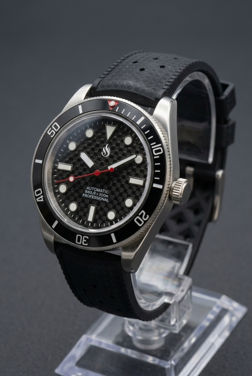 SeikMariner Black 3D Carbon Fiber Diver Vintage Mod Watch - Modtime Creations