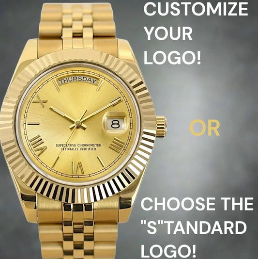 Modtime Modded Seiko watch with gold Roman numerals, day and date display, and sapphire crystal dial