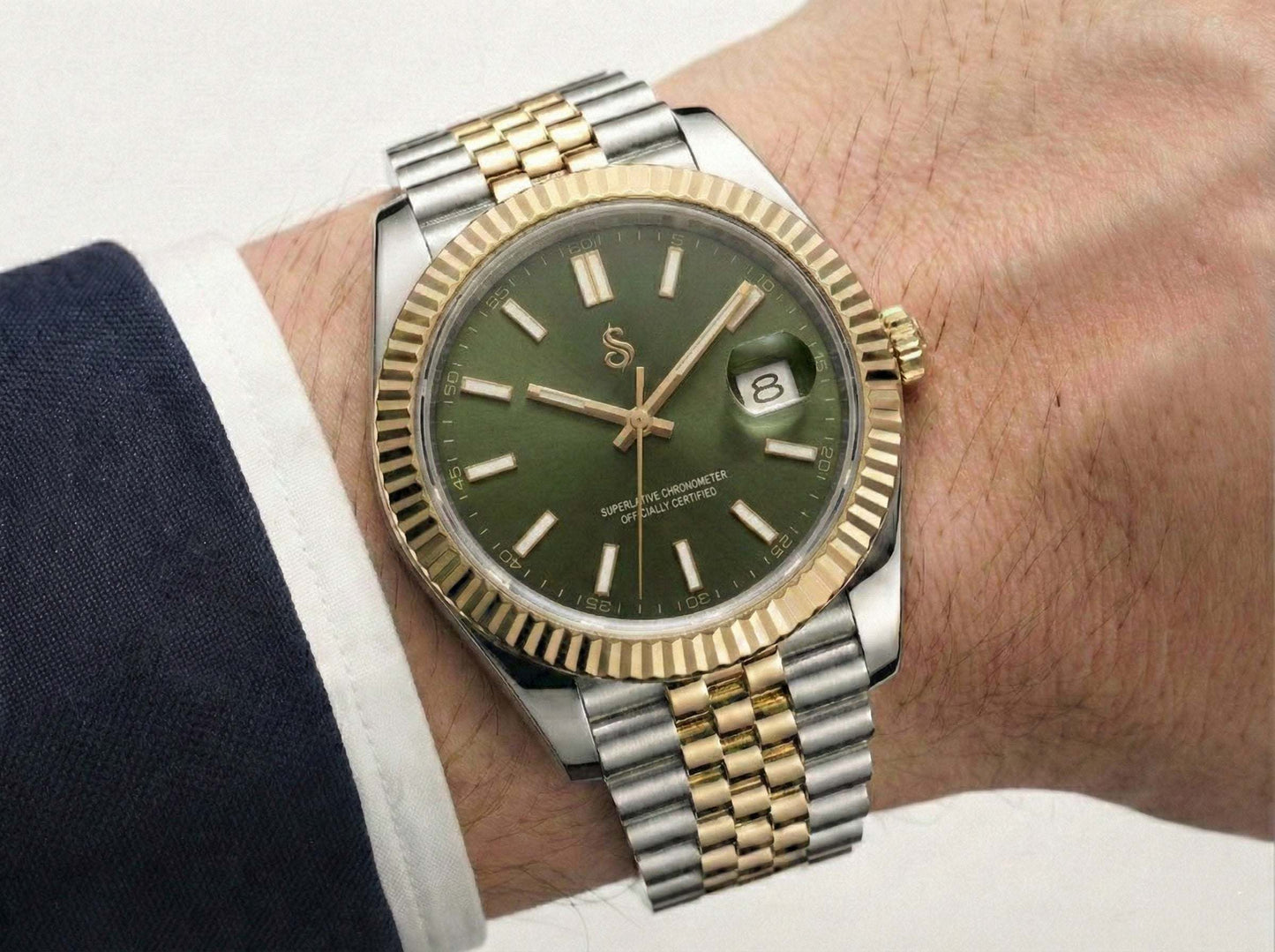 Seiko Mod with olive green dial and two-tone stainless steel case by Modtime Creations