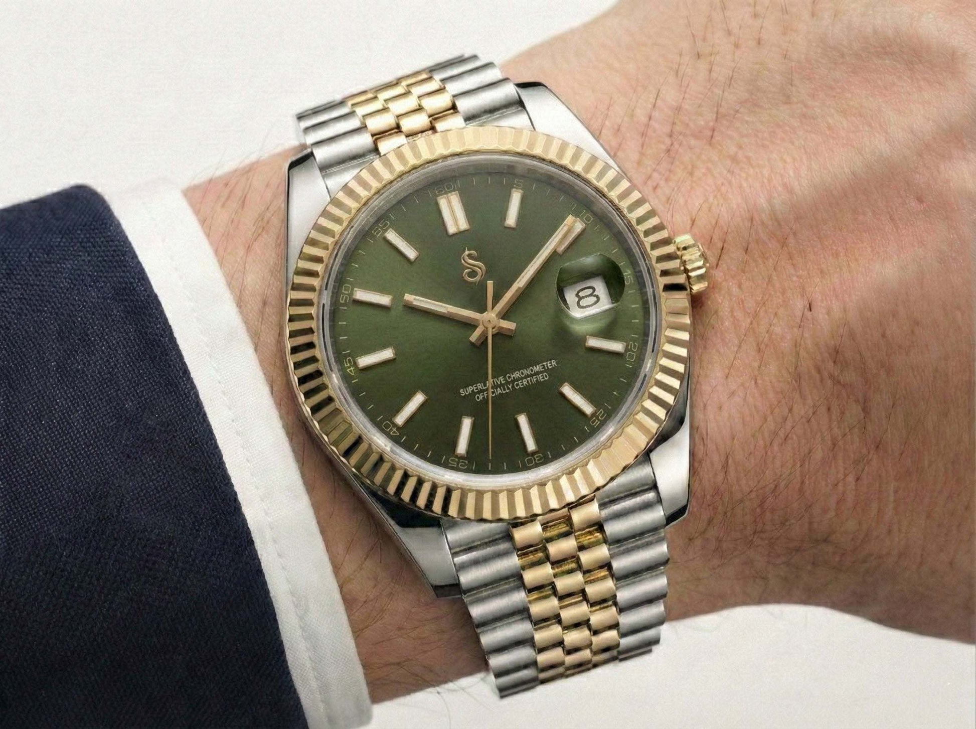 Seiko Mod with olive green dial and two-tone stainless steel case by Modtime Creations