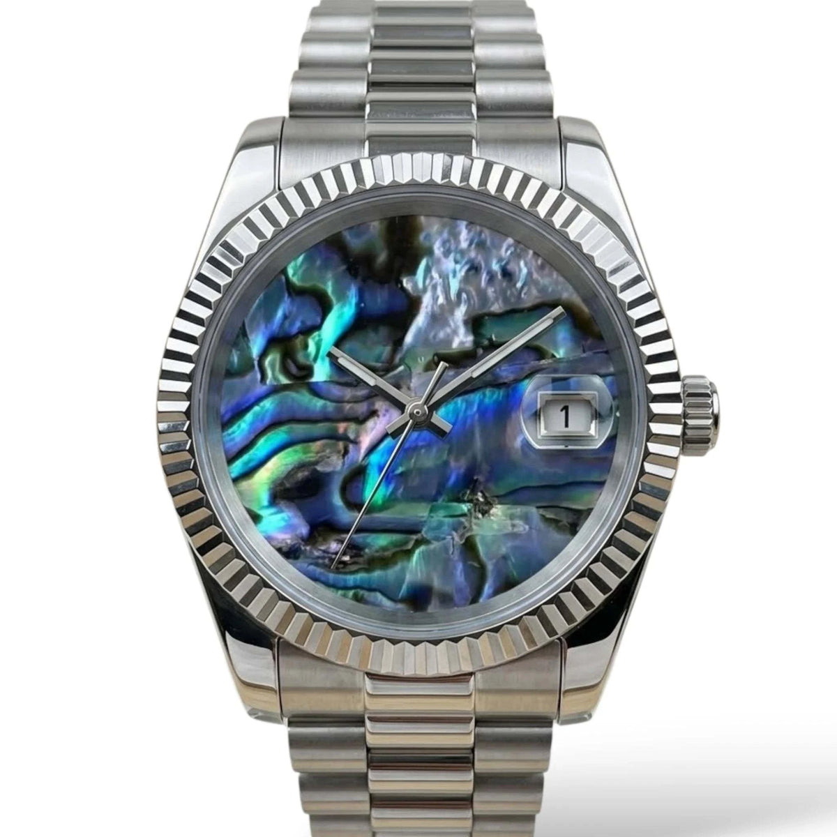 Date Window Silver Abalone Wave Dial Mod Watch - Modtime Creations