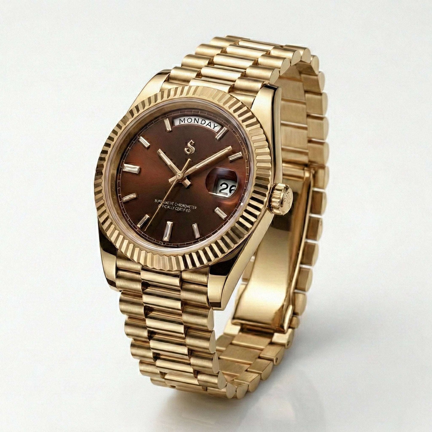 Modded Seiko luxury watch with day and date chocolate dial and gold case by Modtime Creations