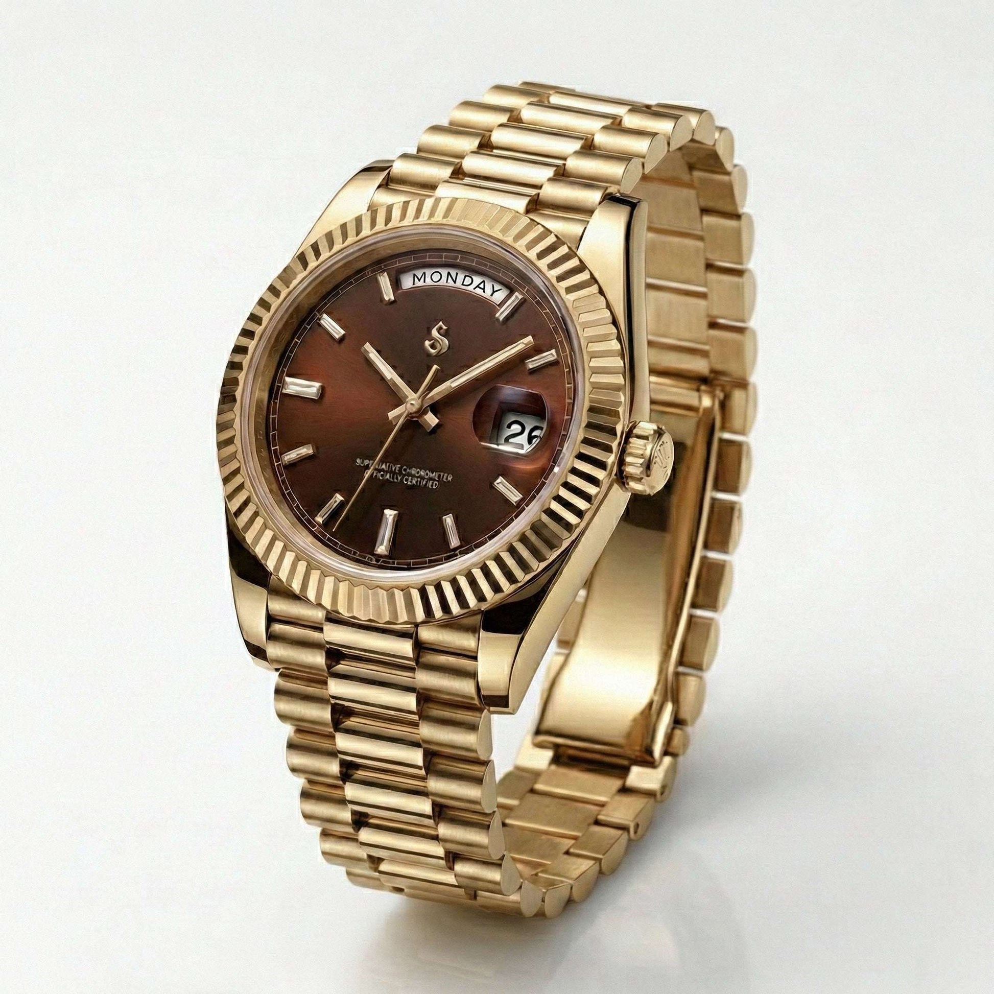Modded Seiko luxury watch with day and date chocolate dial and gold case by Modtime Creations