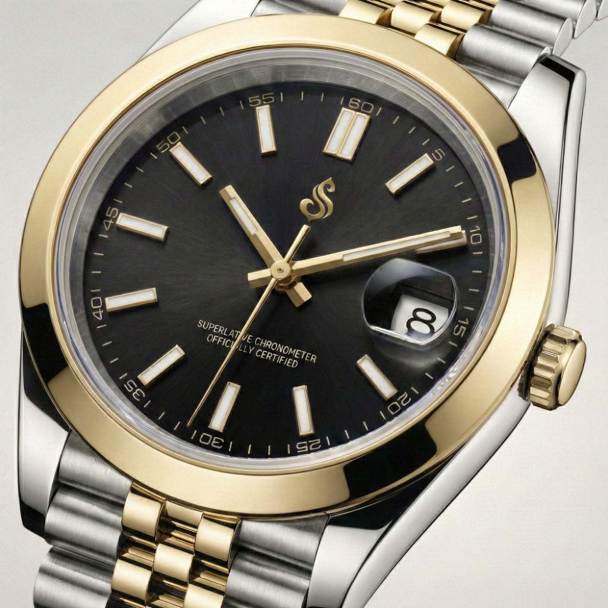 Seiko Mod luxury watch with two-tone black dial and gold fluted bezel by Modtime Creations