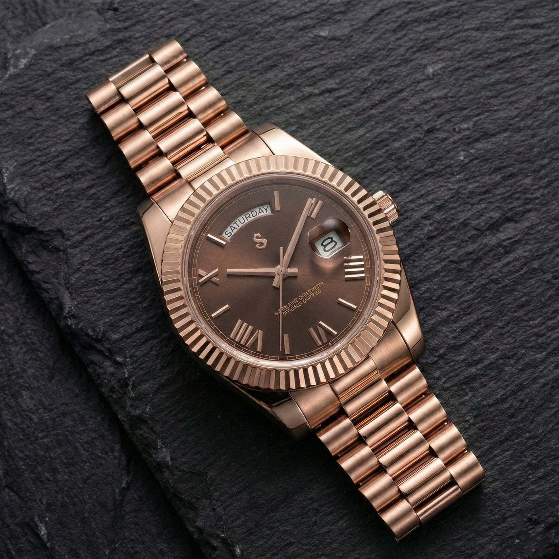 Modded Seiko watch with chocolate Roman numeral dial and day-date display by Modtime Creations