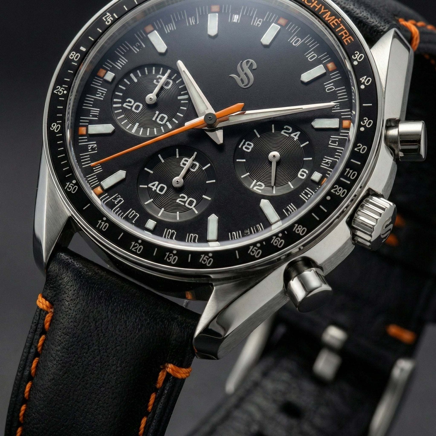 SeikSpeed Chronograph black orange Seiko mod luxury watch with VK63 hybrid movement and stainless steel case
