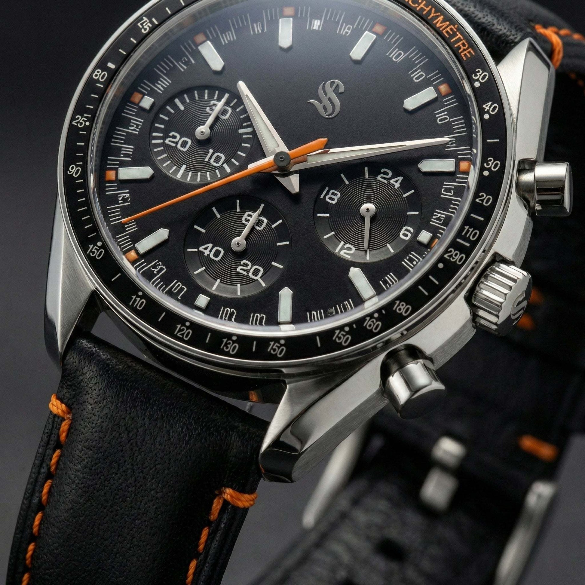 SeikSpeed Chronograph black orange Seiko mod luxury watch with VK63 hybrid movement and stainless steel case