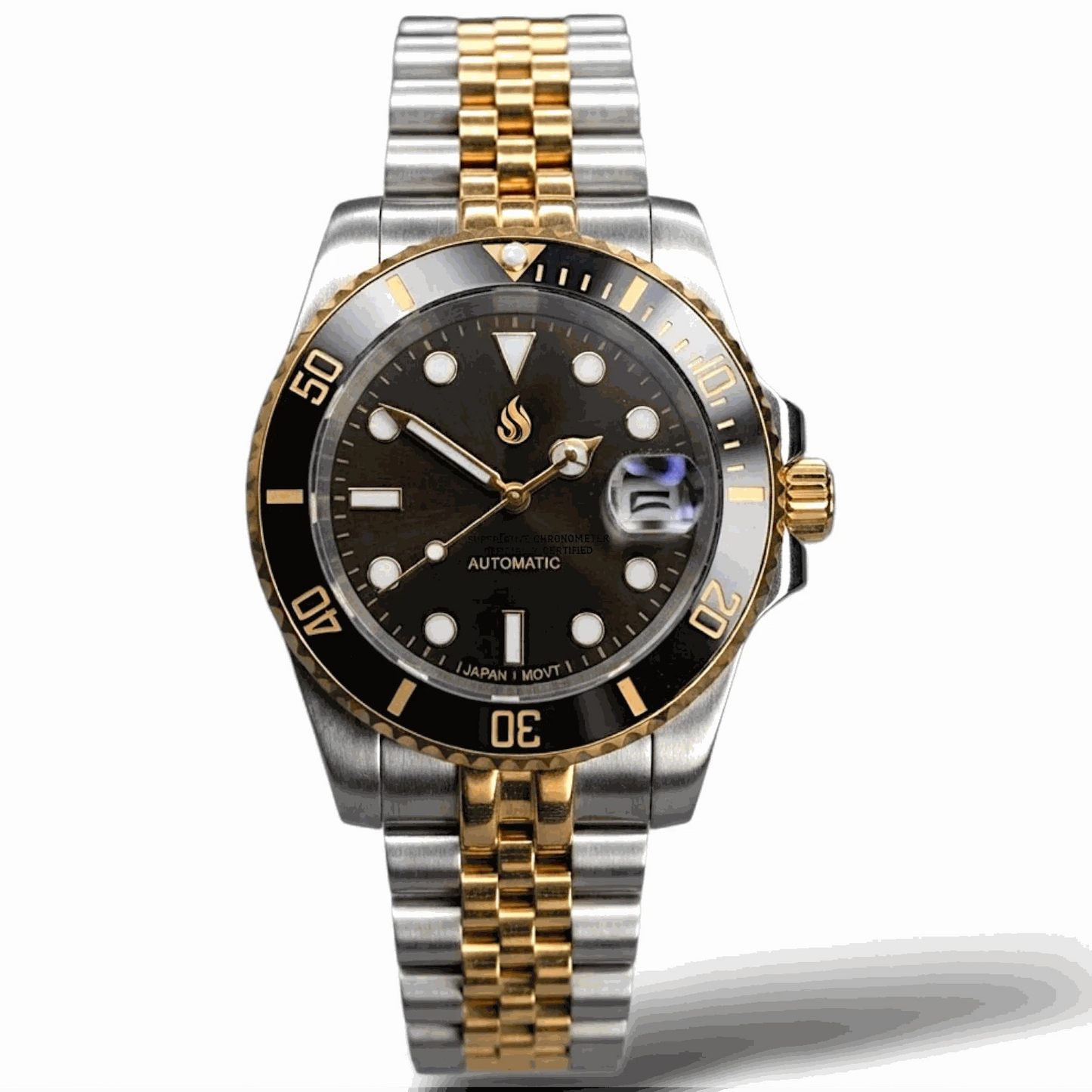 Seiko Mod Watches Submariner Black Gold two-tone diver watch with sapphire crystal and stainless steel case
