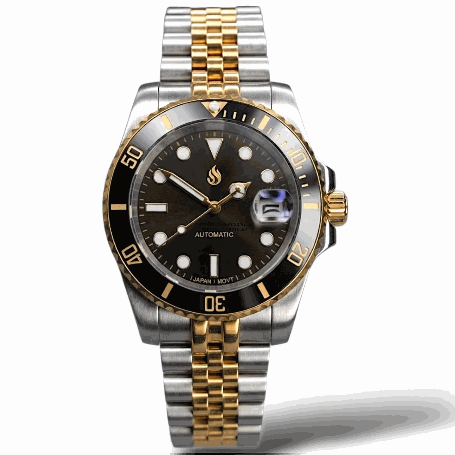 Seiko Mod Watches Submariner Black Gold two-tone diver watch with sapphire crystal and stainless steel case