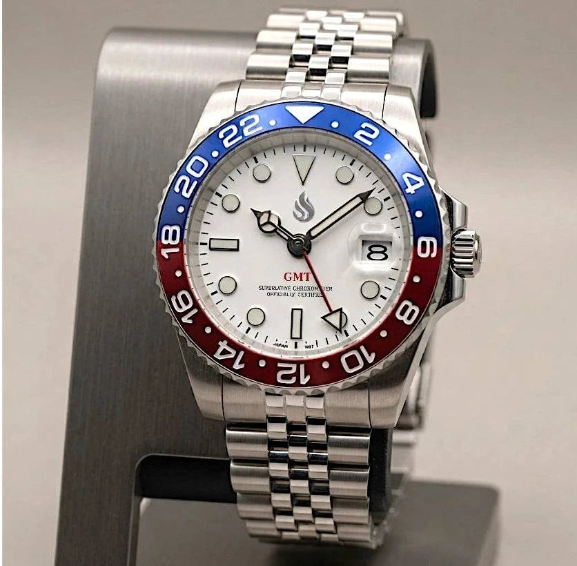 Seiko mod watches Submariner GMT red blue "Superman" built by Modtime Creations 