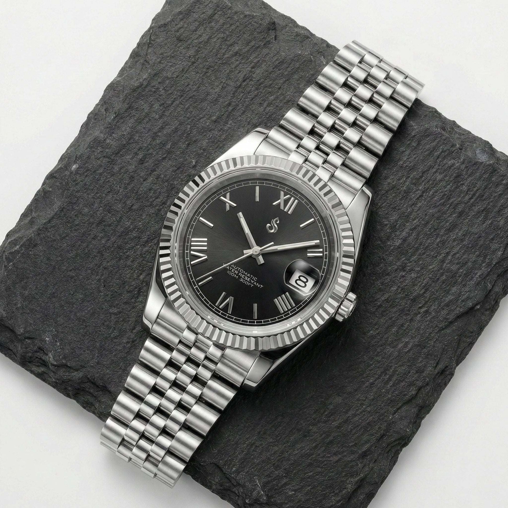 SeikJust black dial Seiko mod watch with Roman numerals and date window by Modtime Creations