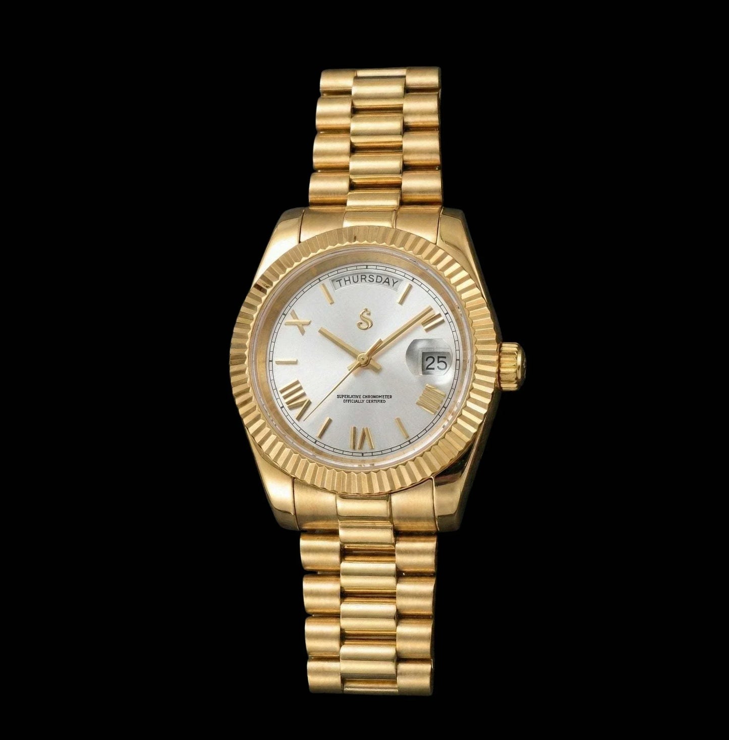 Gold Modded Seiko watch with white Roman numerals, day and date display by Modtime Creations