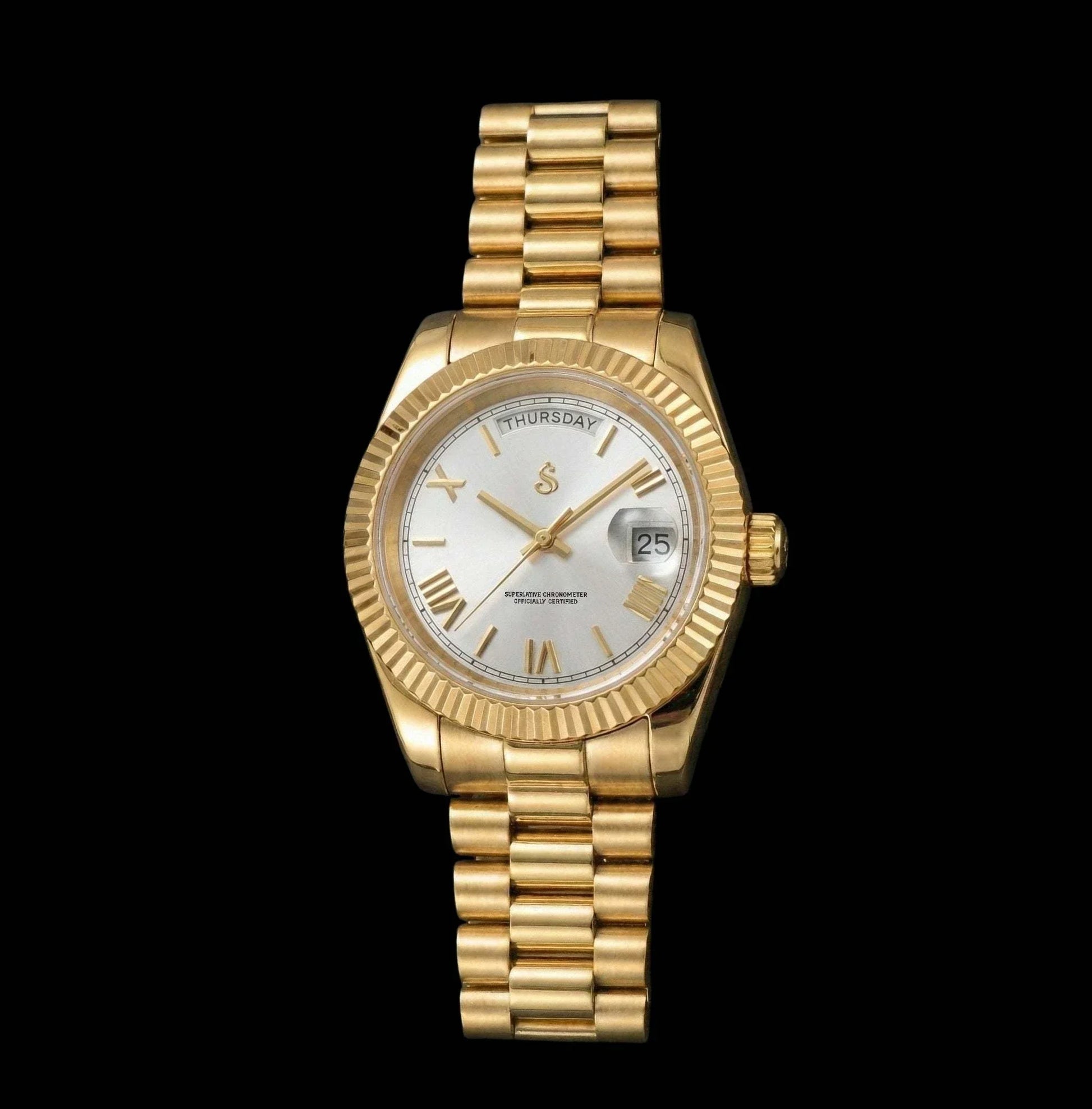 Gold Modded Seiko watch with white Roman numerals, day and date display by Modtime Creations