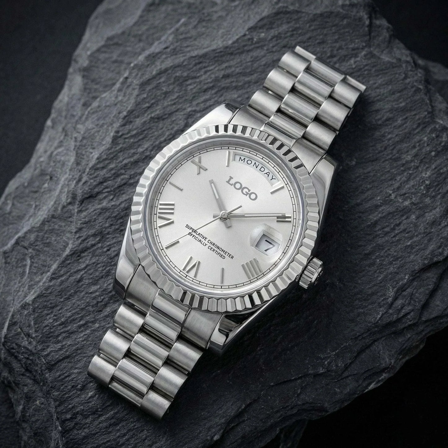 Modded Seiko luxury watch with silver white dial and day-date display by Modtime Creations