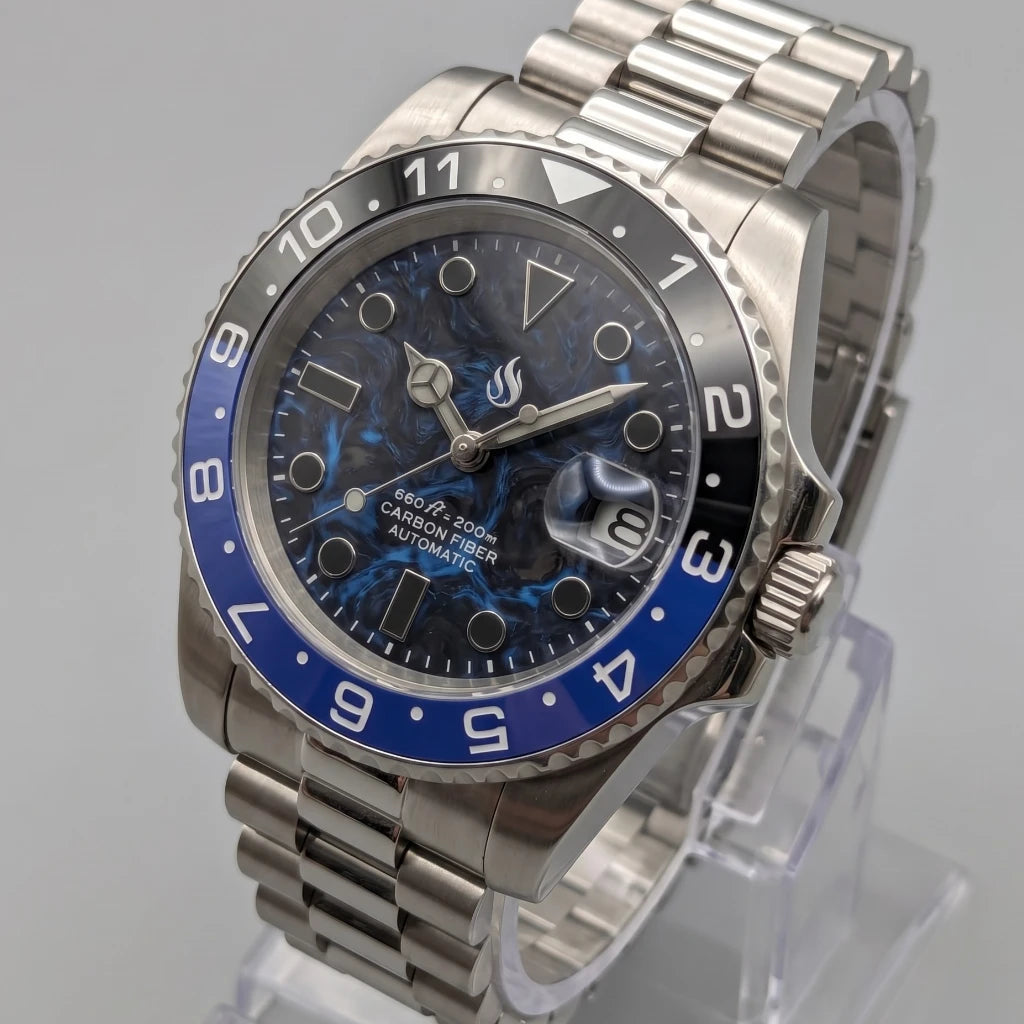 SeikMariner  "Black Blue Carbon Fiber" Mod Watch Diver Series - Modtime Creations