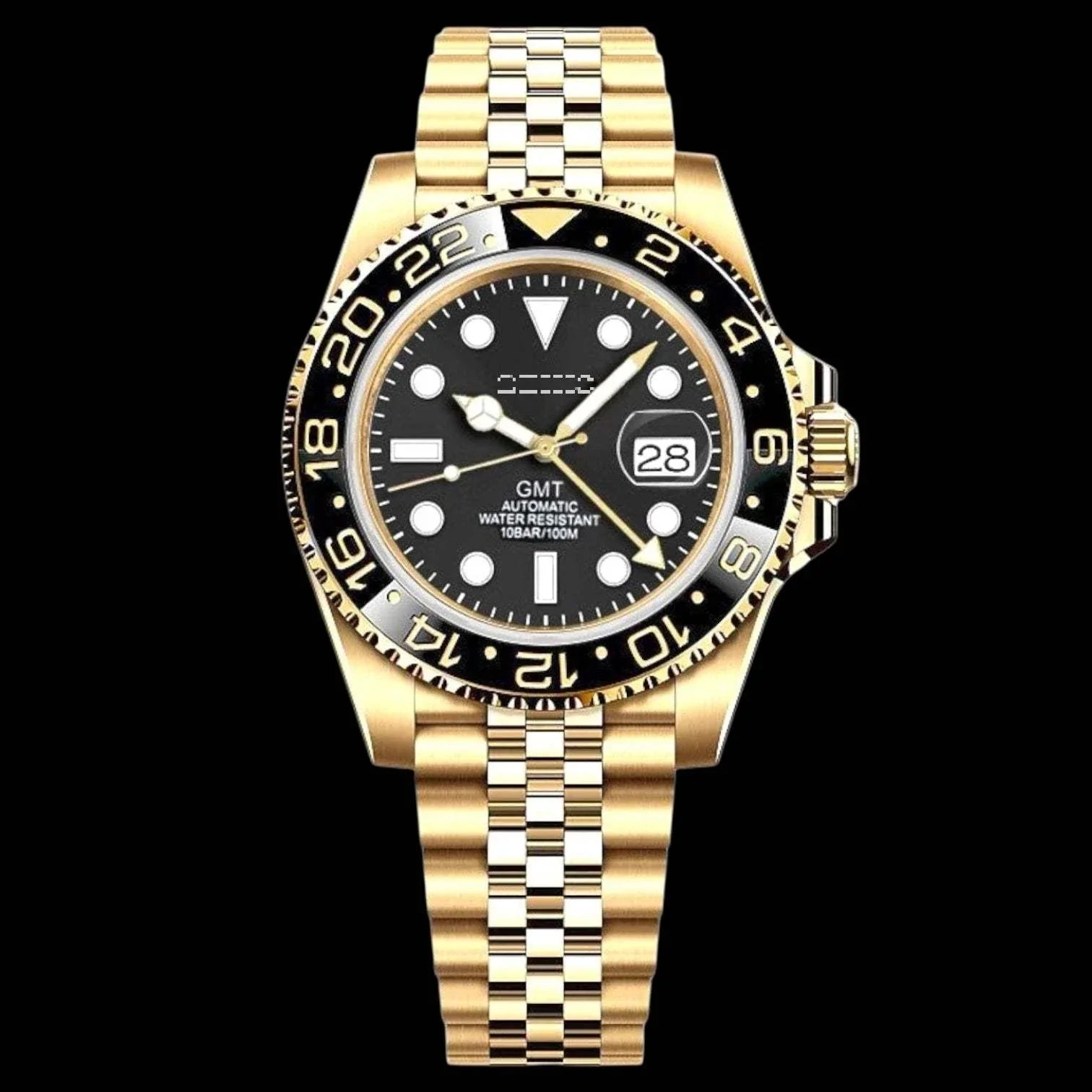 SeikMariner GMT gold and black Seiko Mod luxury watch with ceramic bezel and sapphire crystal