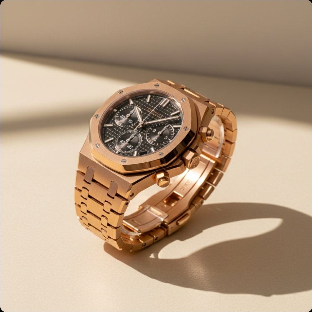 Luxury 41mm Modded Seiko Heritage Oak Chronograph with black dial and stainless steel bracelet