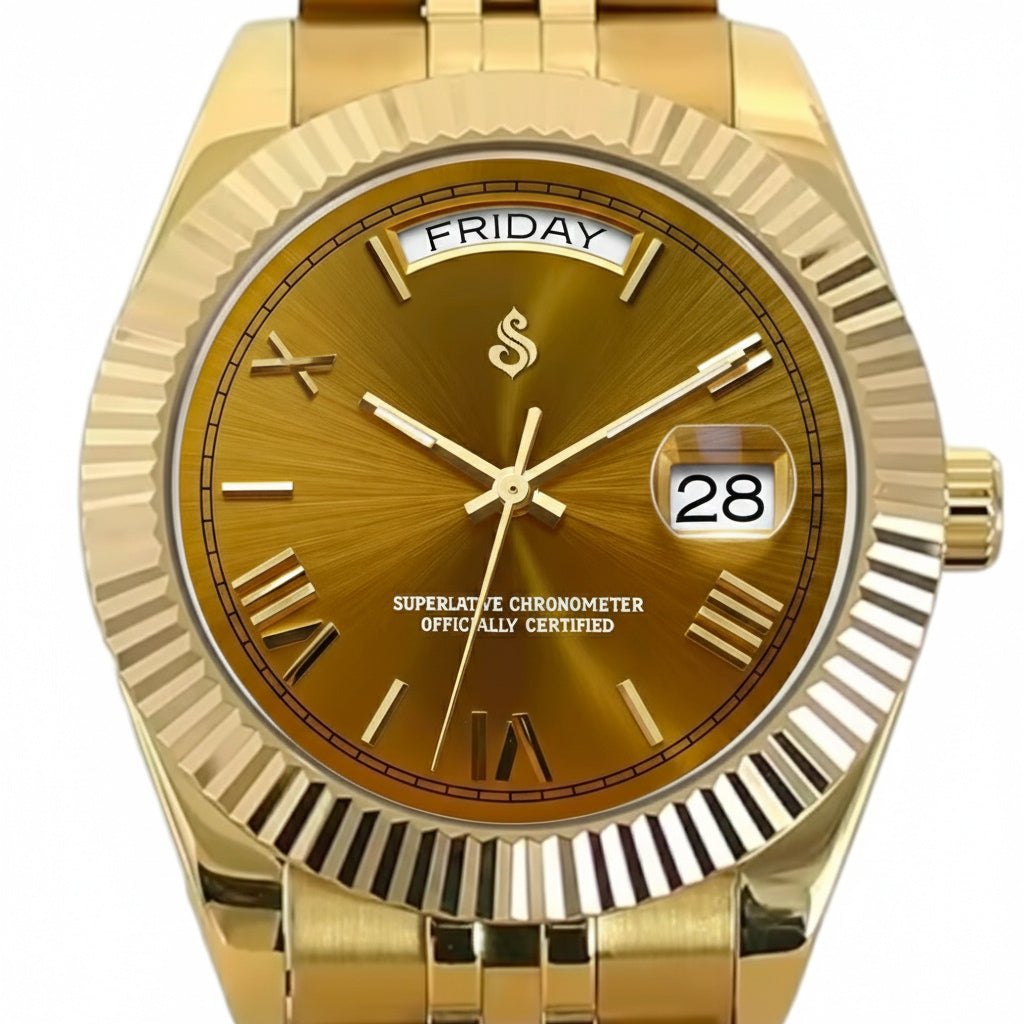 Day and Date gold Seiko Mod watch with chocolate Roman numeral dial by Modtime