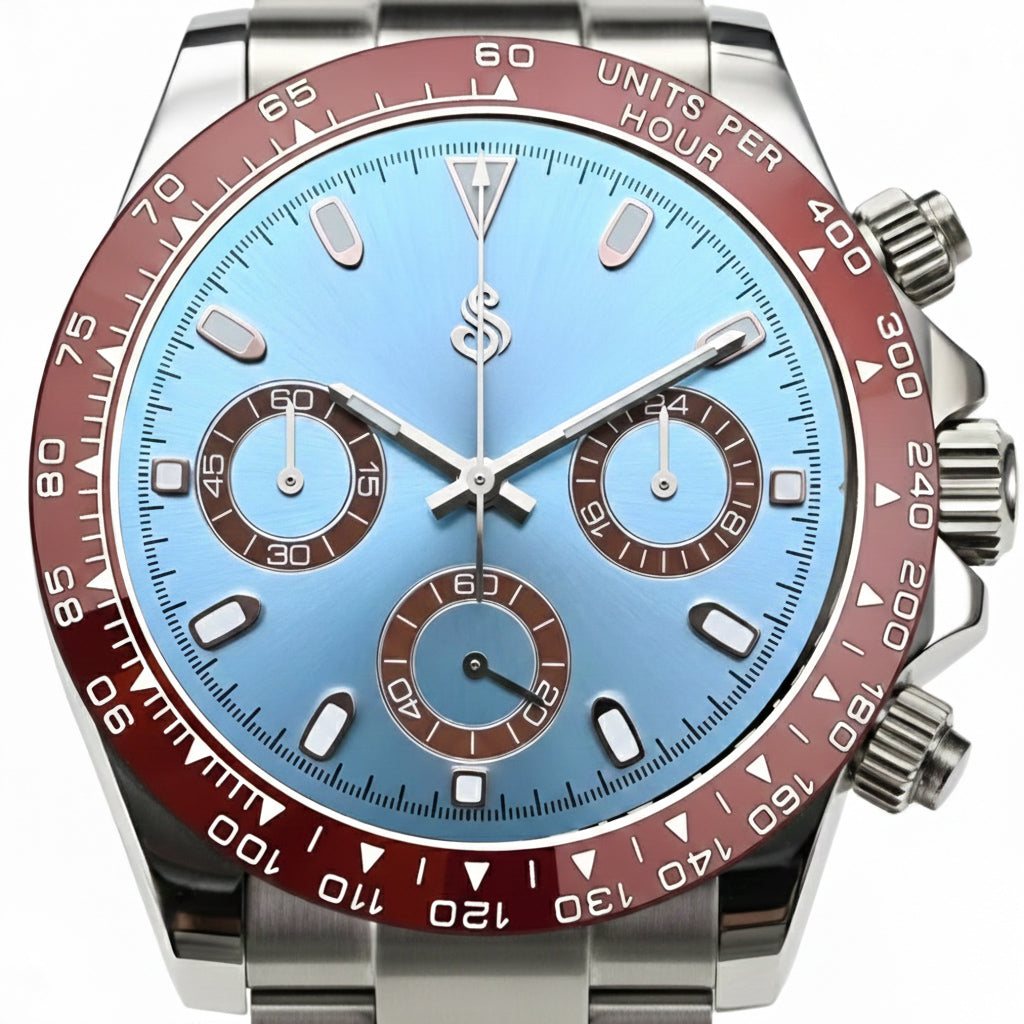 Seitona luxury light blue dial Seiko mod watch with brown ceramic bezel and platinum stainless steel case