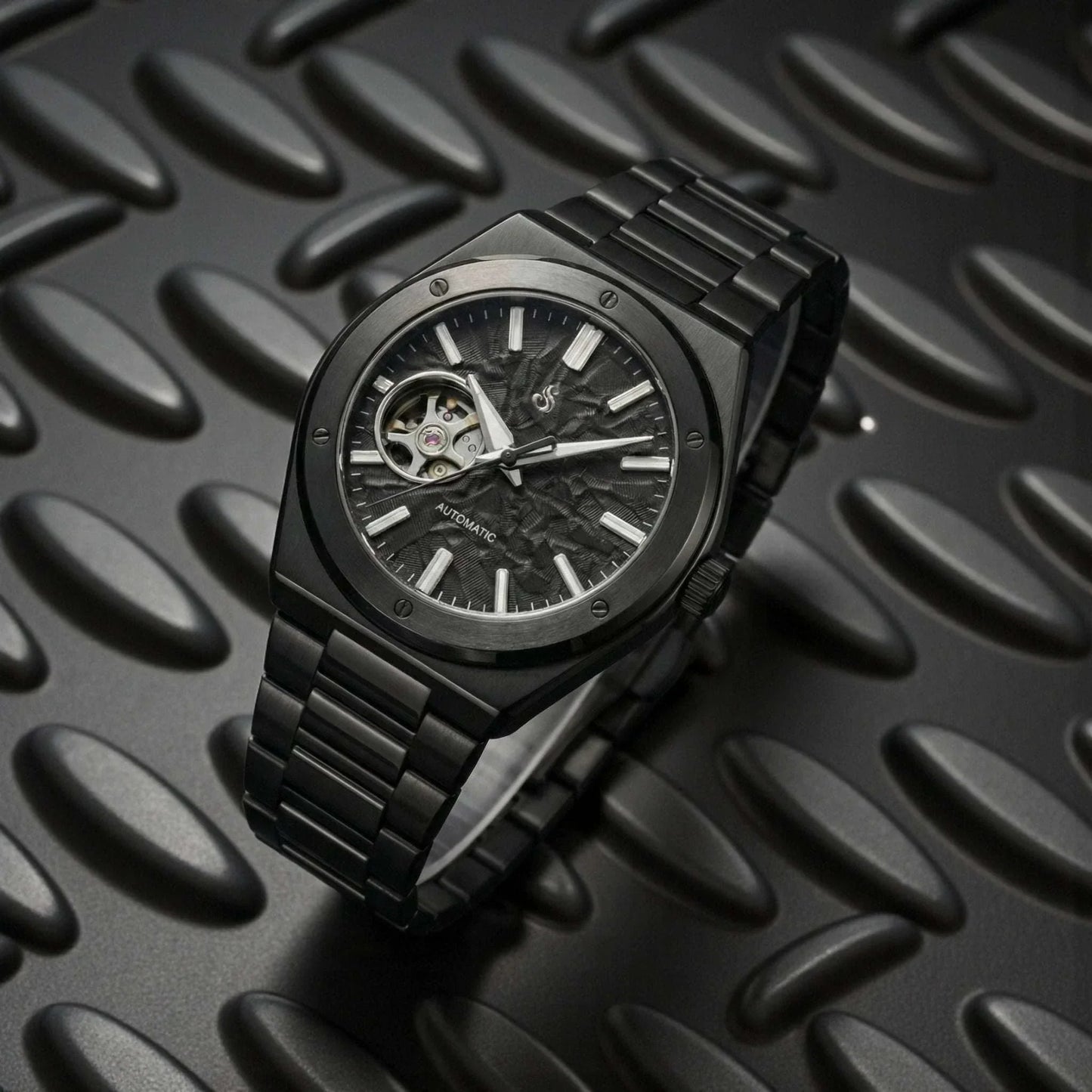 Seiko Mod luxury watch with midnight black open-heart dial and stainless steel case