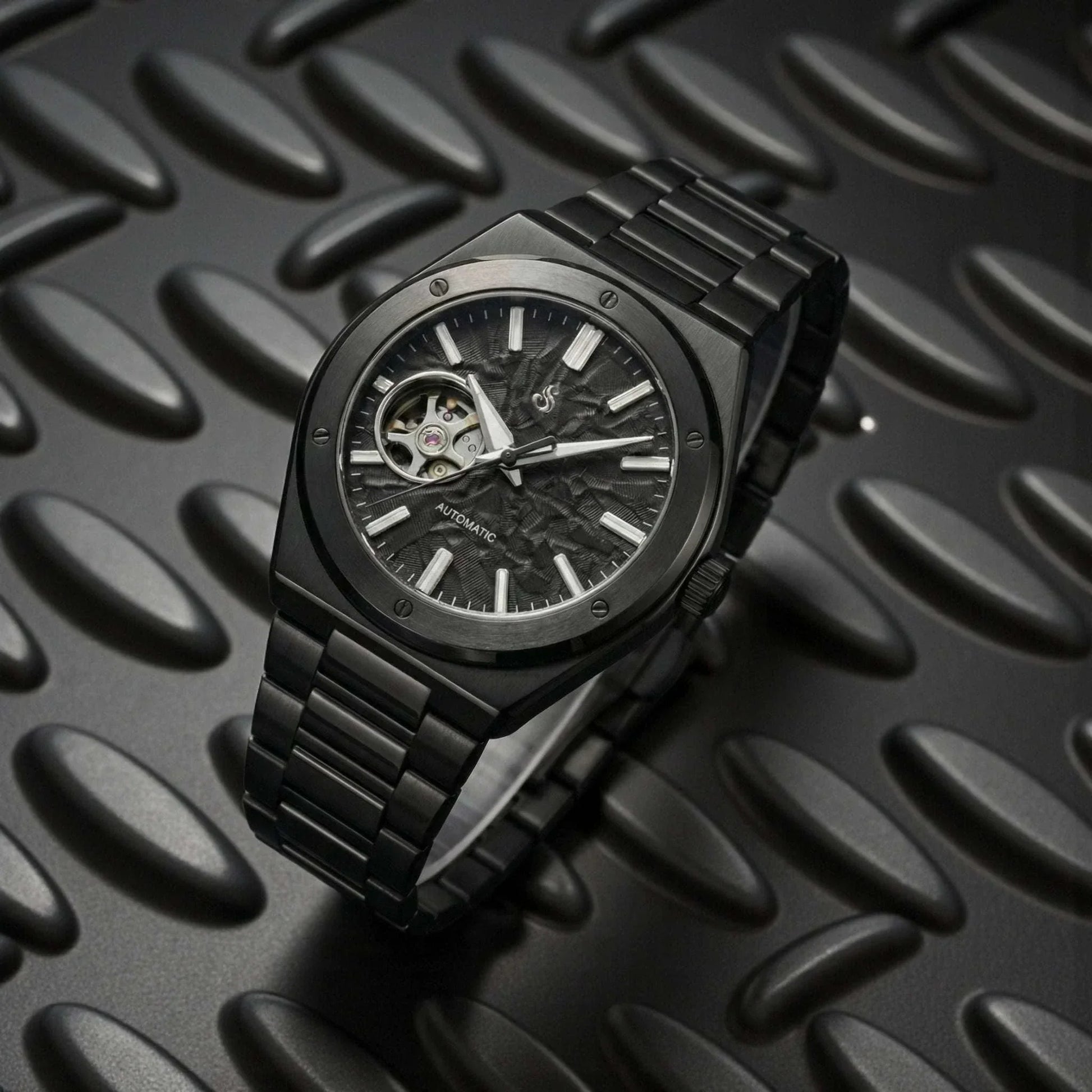 Seiko Mod luxury watch with midnight black open-heart dial and stainless steel case