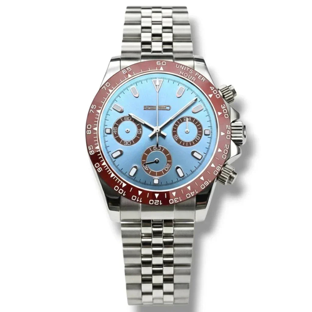 Seitona light blue brown bezel luxury chronograph Seiko mod with stainless steel bracelet