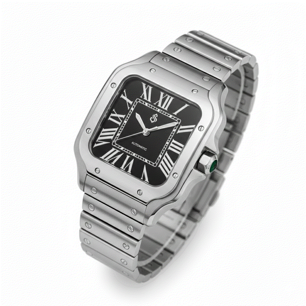 Santeiko silver case black dial Seiko mod watch with sapphire glass and stainless steel bracelet by Modtime Creations