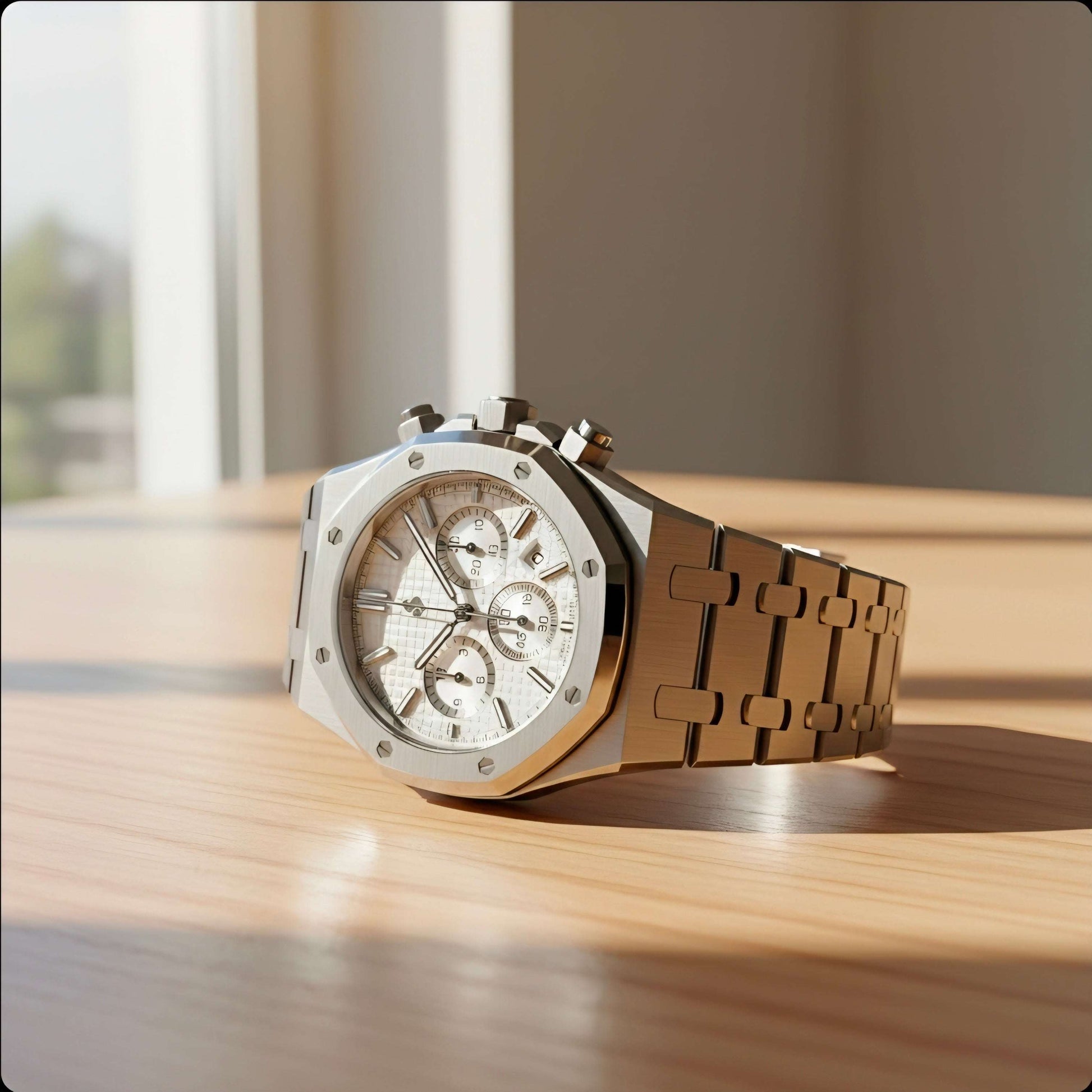 Heritage Oak Modded Seiko chronograph watch with white dial and stainless steel bracelet