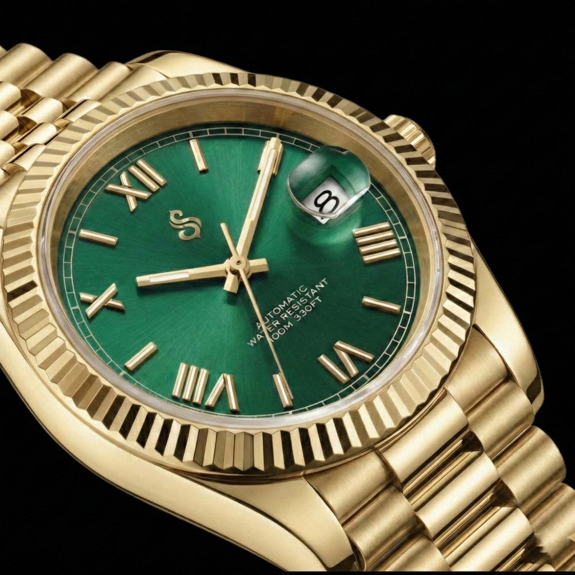 Seiko Modtime luxury watch with gold green dial and date window, Roman numerals, sapphire crystal, and stainless steel case
