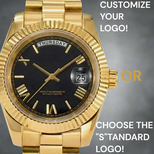 Modded Seiko watch with black gold dial and Roman numerals from Modtime Creations