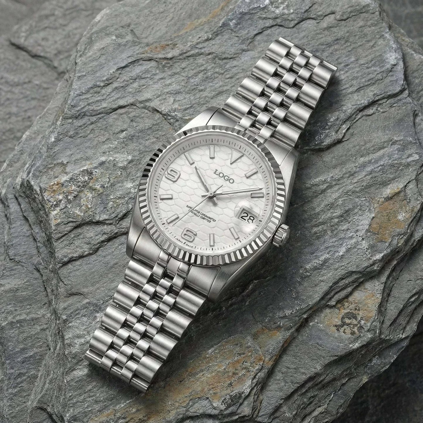 Seiko Mod watch with white dial and date window, luxury stainless steel case