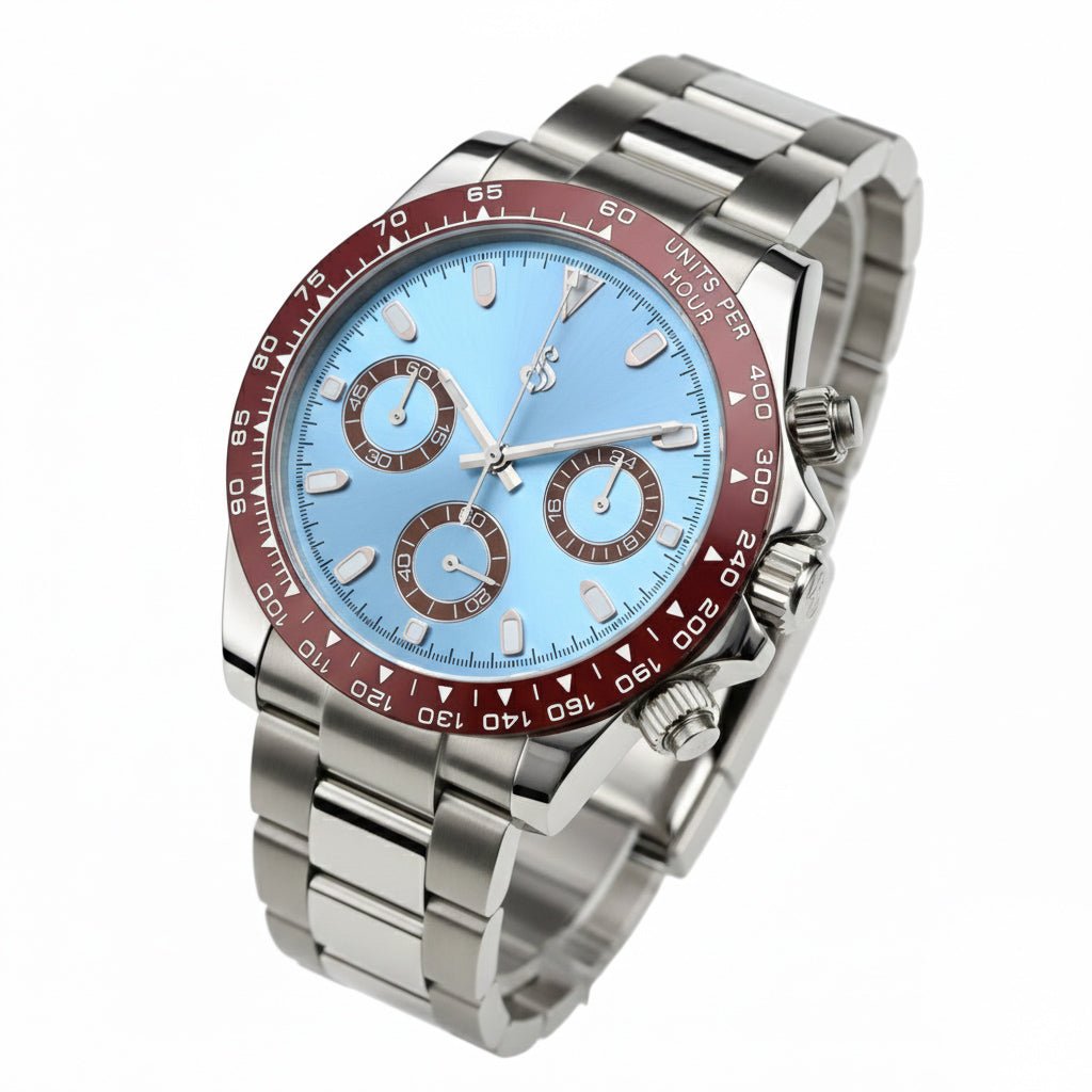 Seitona light blue dial luxury Seiko mod chronograph with brown ceramic bezel and platinum stainless steel case