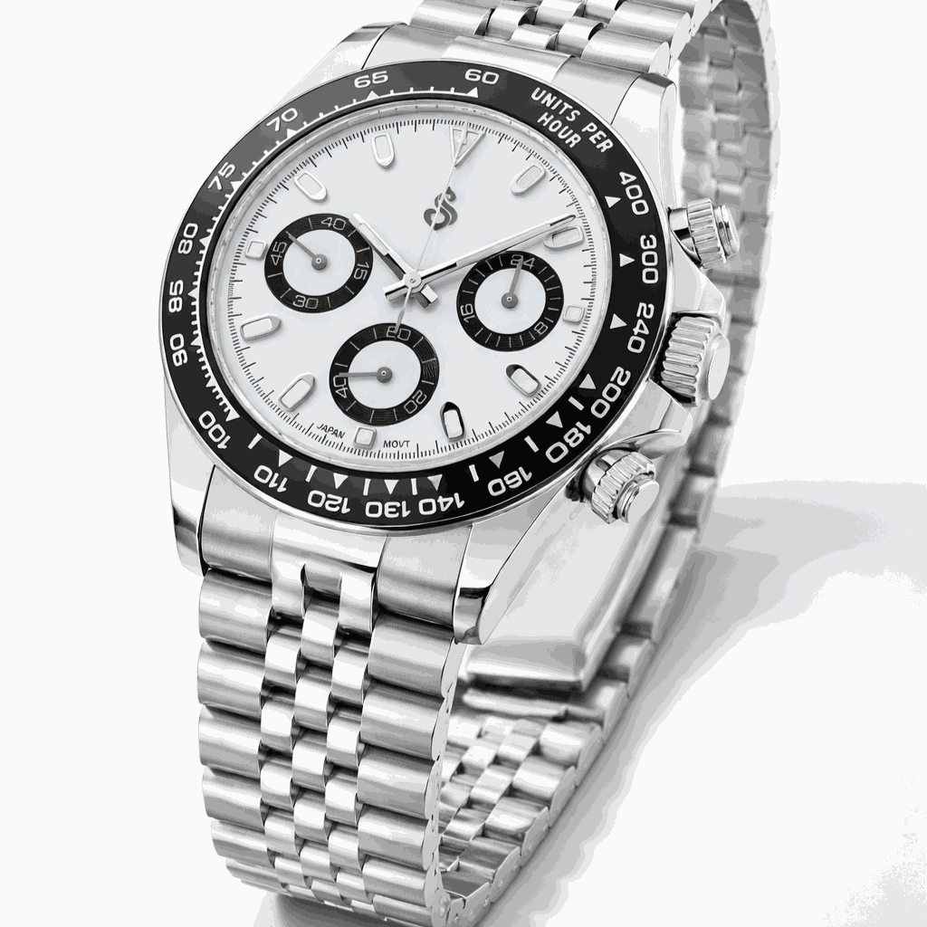 Seitona Black and White Panda Dial Seiko Mod luxury chronograph watch with stainless steel bracelet