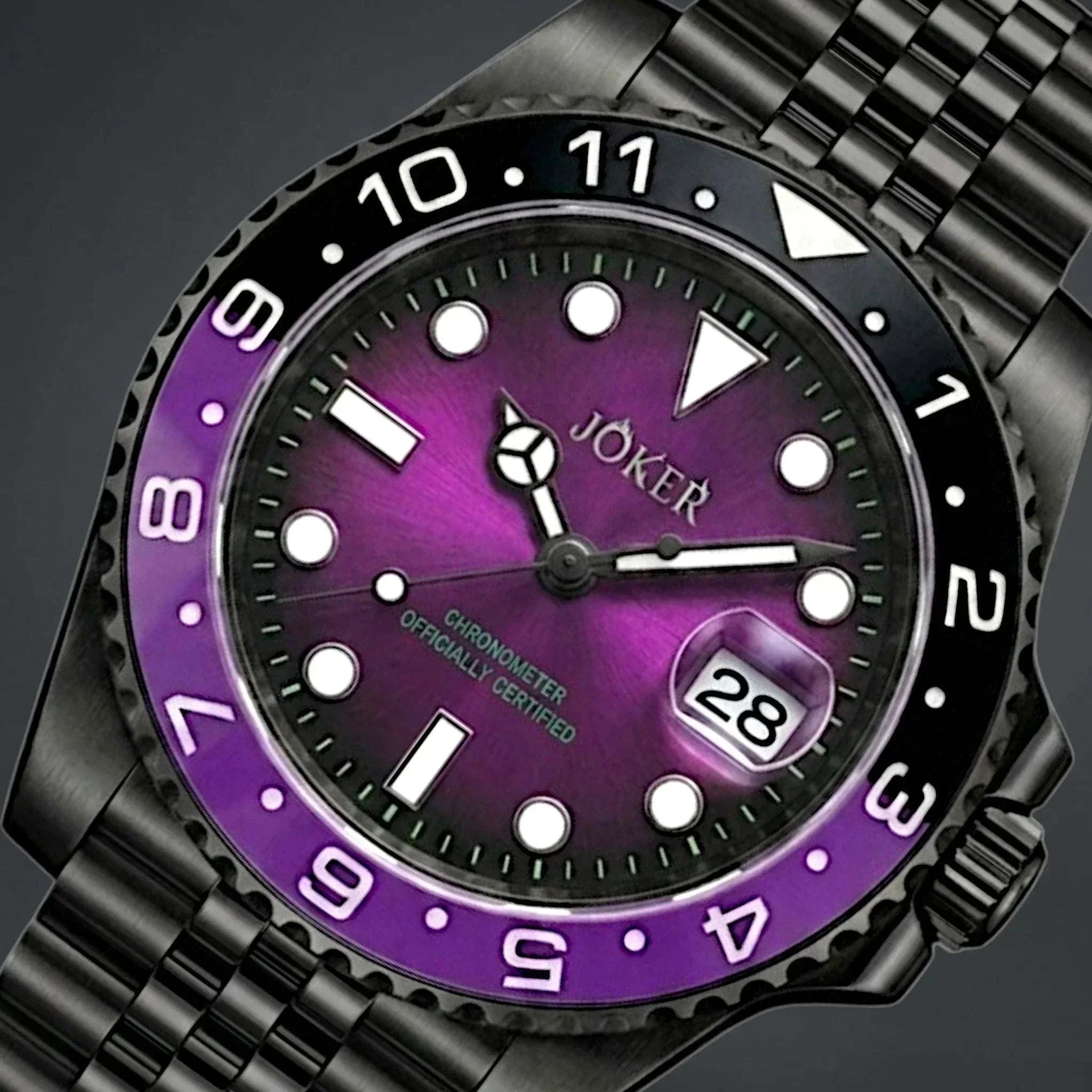 Customized purple and black Joker Seiko Mod Submariner Diver watch by Modtime with NH35 automatic movement and sapphire crystal