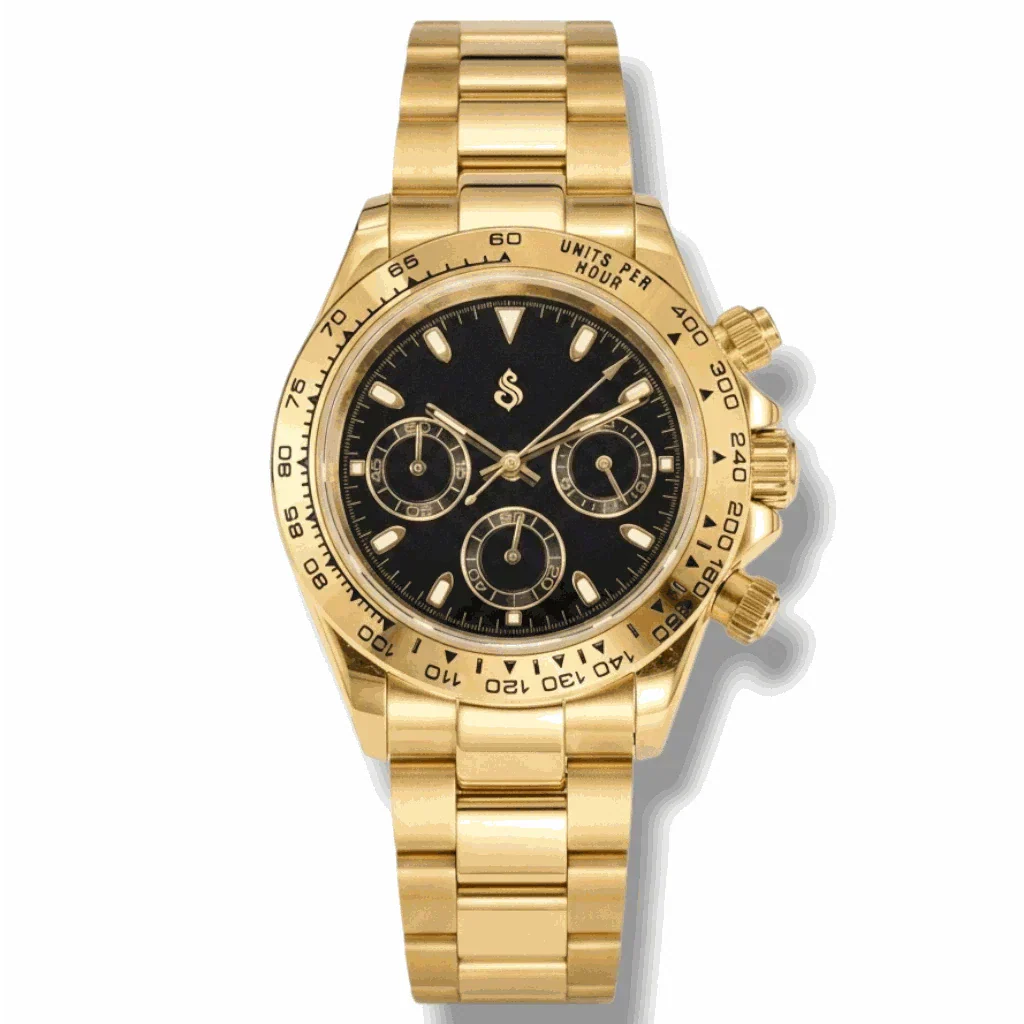 Seitona gold case Seiko Mod watch with black gold dial and VK63 hybrid chronograph movement