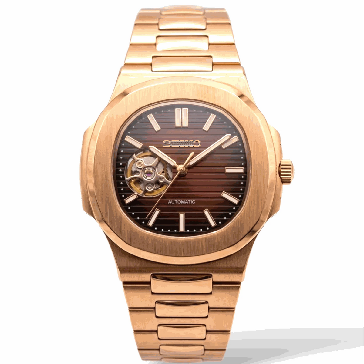 Seiko Mod Watch Nautilus Brown Dial with Rose Gold Case built by Modtime Creations 