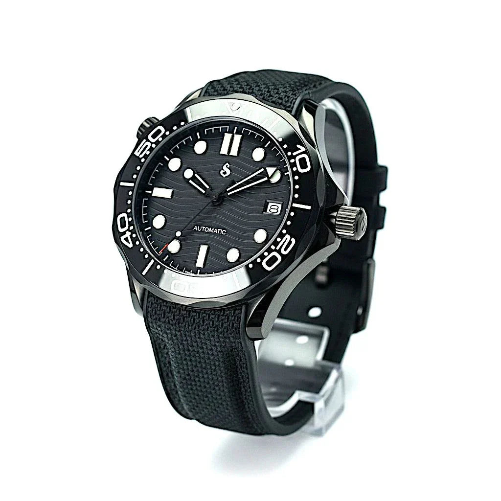 Seiko mod luxury watch with stealth black dial and rubber bracelet