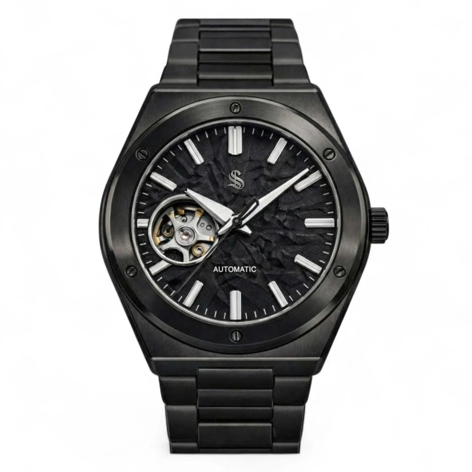 Midnight black Seiko Mod watch with open-heart dial and stainless steel case by Modtime Creations