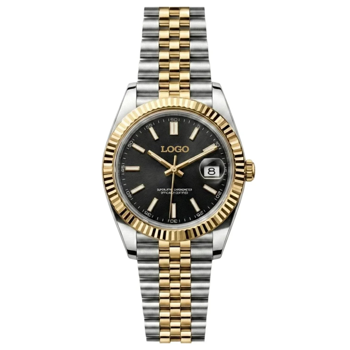 Seiko Mod SeikJust two-tone black dial watch with gold fluted bezel and date window