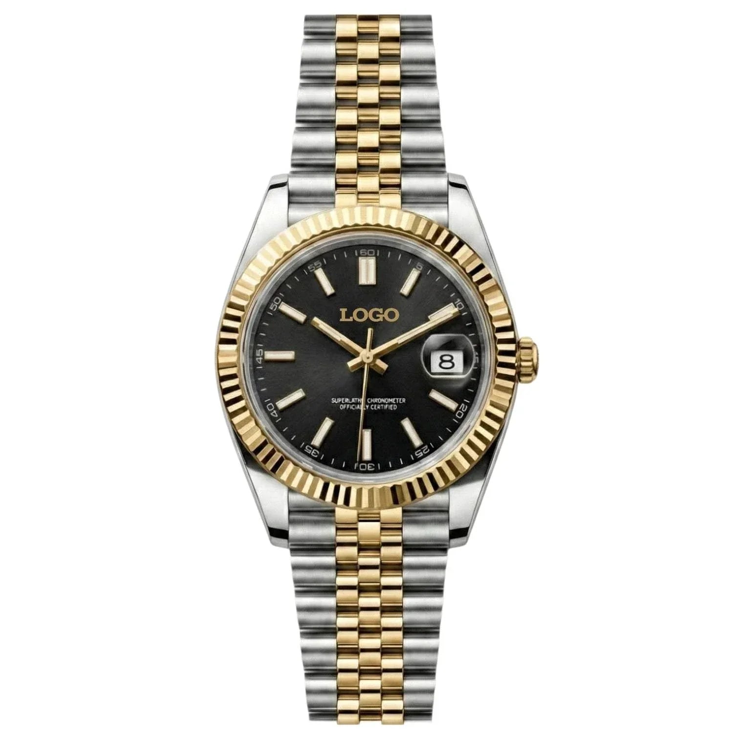 Seiko Mod SeikJust two-tone black dial watch with gold fluted bezel and date window
