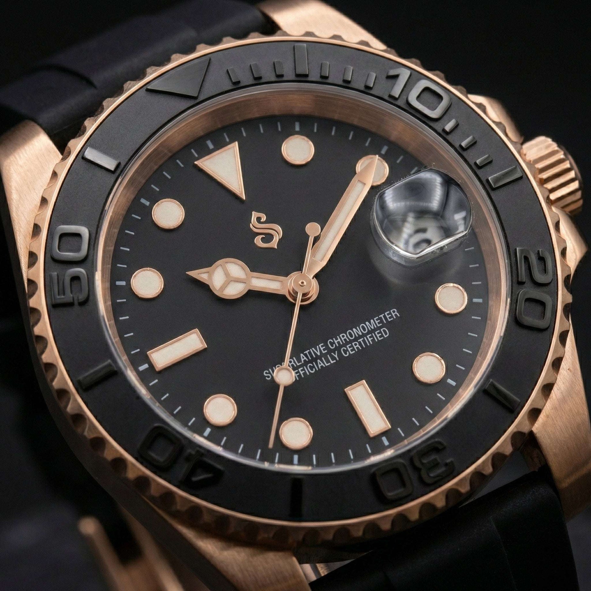 Modded Seiko Black Rose Gold Diver with sapphire crystal and NH35 automatic movement by Modtime Creations