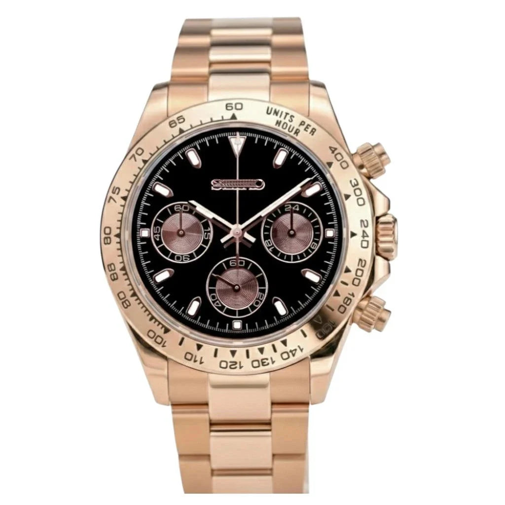 Seitona Rose Gold Black Dial luxury chronograph watch with sapphire crystal and stainless steel bracelet