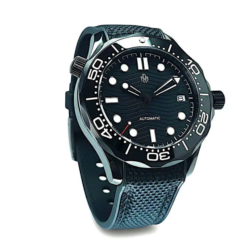 Seiko mod luxury watch with stealth black dial and black rubber bracelet