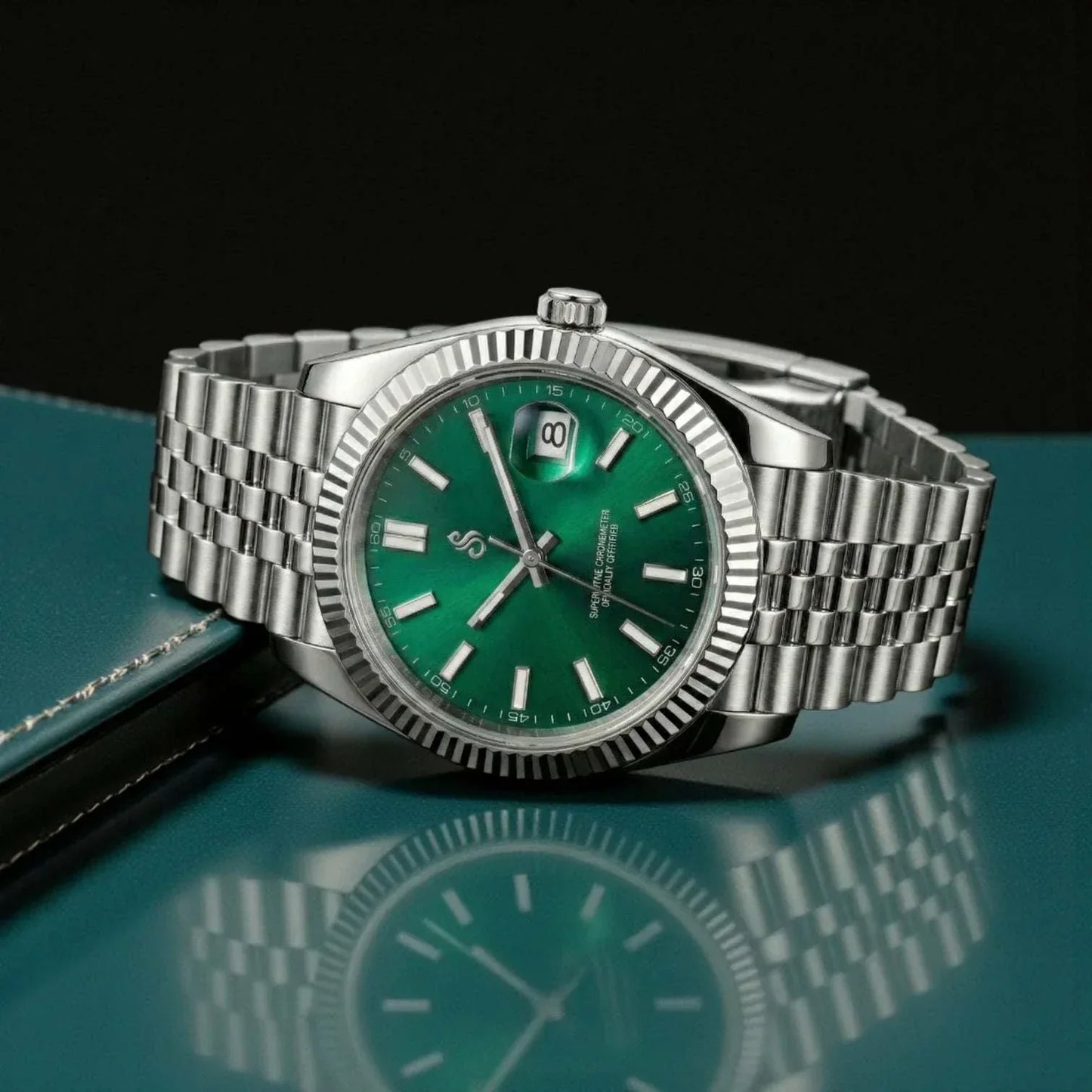 Seiko mod luxury watch with emerald green dial and date window by Modtime Creations